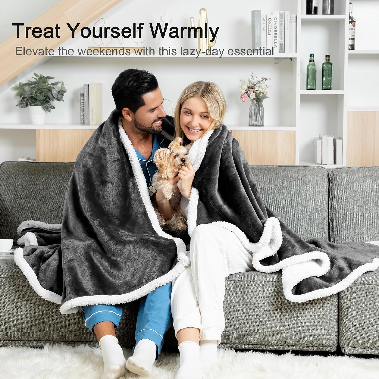 Detalle de Winthome Double-Layered Sherpa Fleece Throw Blanket – Ultra Soft, Warm and Breathable 130 x 170 cm (Grey)