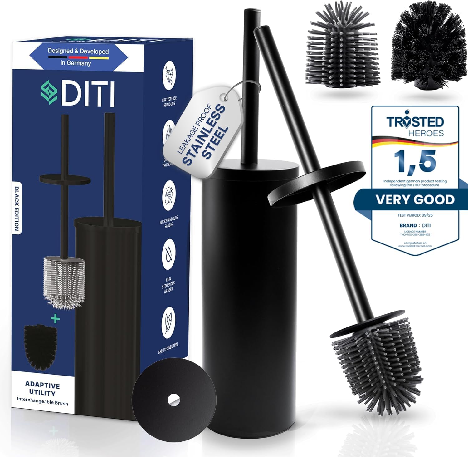 Detalle de DITI toiletborstel met houder en 2 borstelkoppen, RVS en zwart silicone