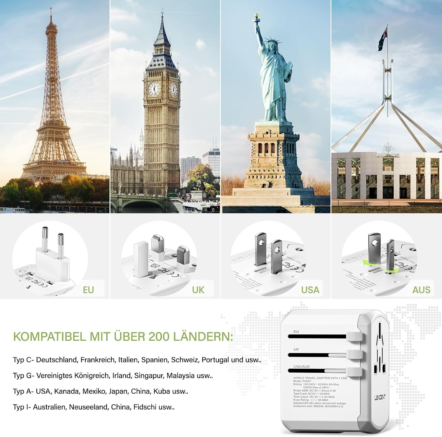 Detalle 2 de LENCENT Weltweiter Reiseadapter 4-in-1
