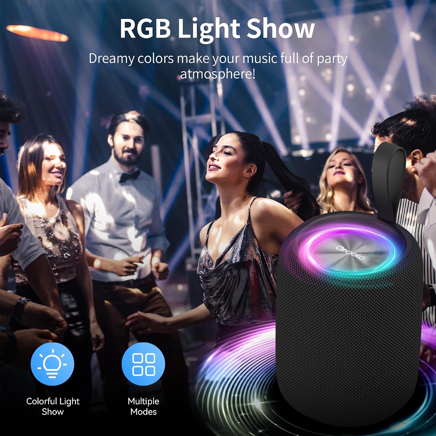 Detalle 2 de Oraolo Bluetooth Speaker with Bluetooth 5.4, IPX6, RGB Lights and 8-Hour Playtime