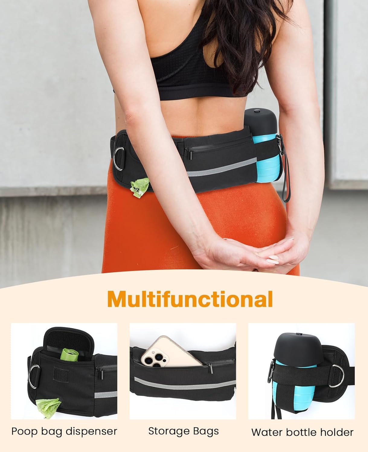 Thumbnail 2 de Pecute Hands Free Dog Leash with Adjustable Waist Belt and Water Pouch (Black)