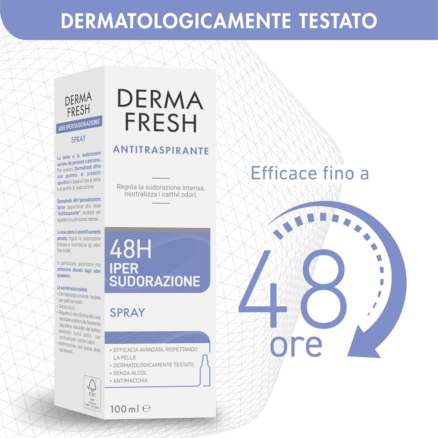 Detalle de Dermafresh Ipersudorazione Efficace 48H: Deodorante antitraspirante spray 100 ml, senza alcool, delicato sulla pelle