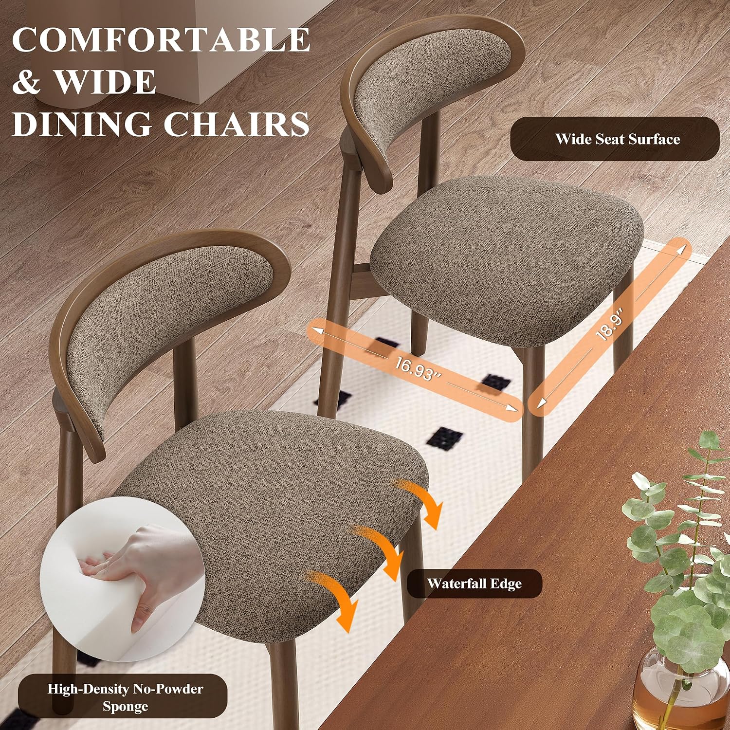 Detalle de MALOL DCW70 Wooden Dining Chairs, Set of 4, Camel Fabric, Curved Back