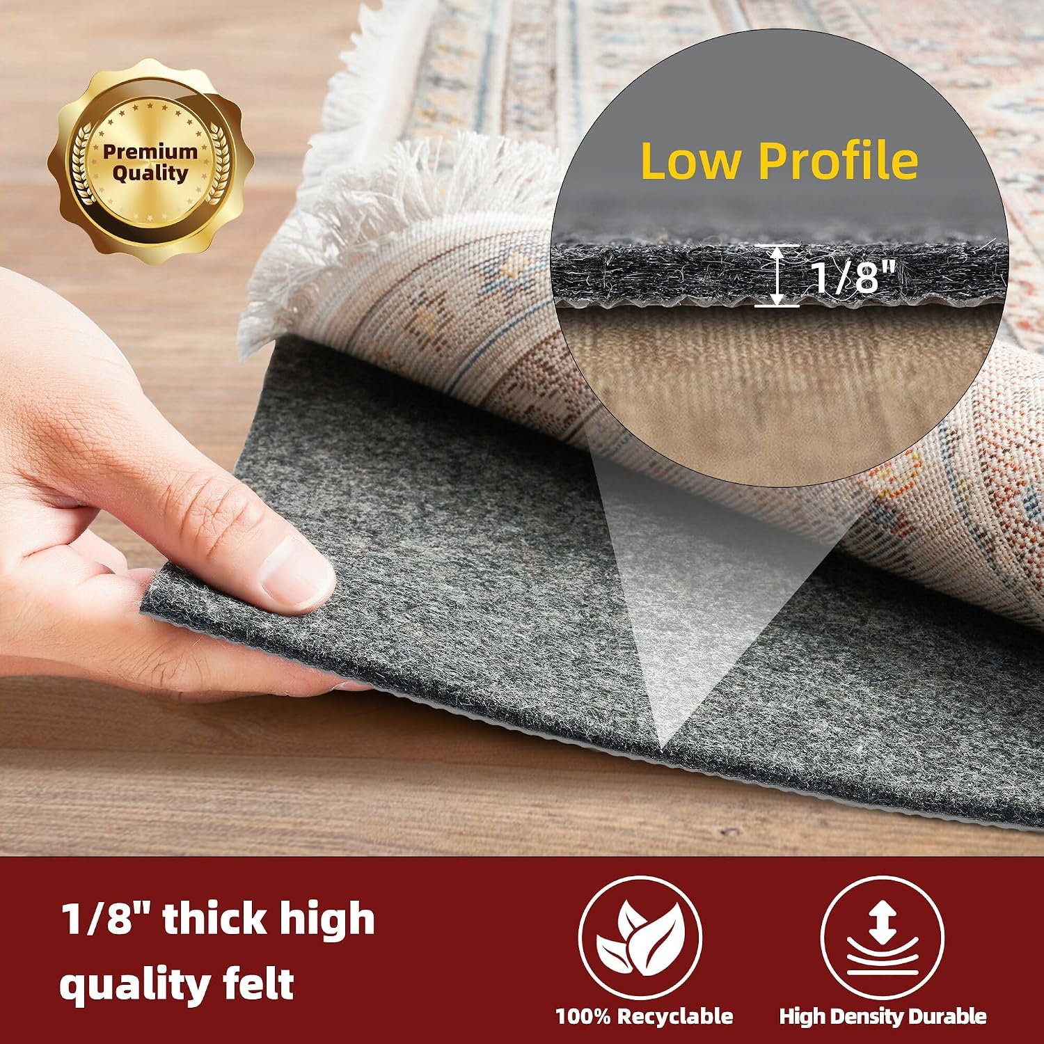Detalle de BAGAIL Felt and Natural Rubber Backing Rug Pad, 1/8” Thick, 5 x 7 ft – Non-Slip Cushioned Protector
