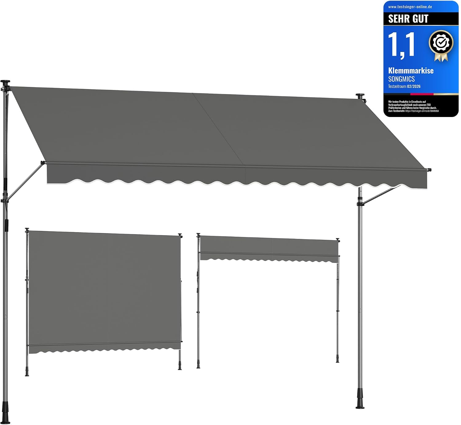 Detalle de SONGMICS Klemmmarkise GSA352G02 – höhenverstellbar, ohne Bohren, inkl. Handkurbel