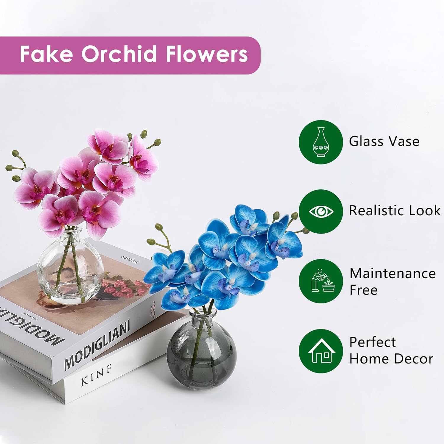 Detalle de 2 Stück Künstliche Orchideen Blau mit schwarzer Glasvase – Pflegeleichtes Deko-Set