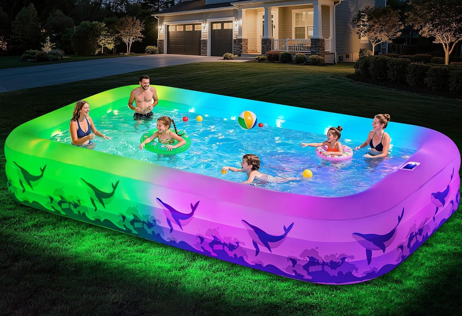 Detalle de Large Inflatable Pool with Solar-Powered Lights (12FT x 6.5FT) — Family-Size Backyard Oasis