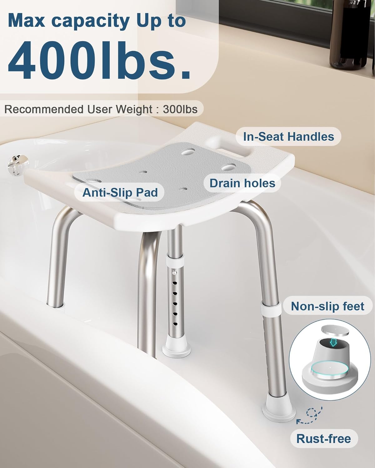 Detalle 2 de HOMLAND Shower Chair for Inside Shower — 400 lbs Adjustable Bath Stool with Suction Feet