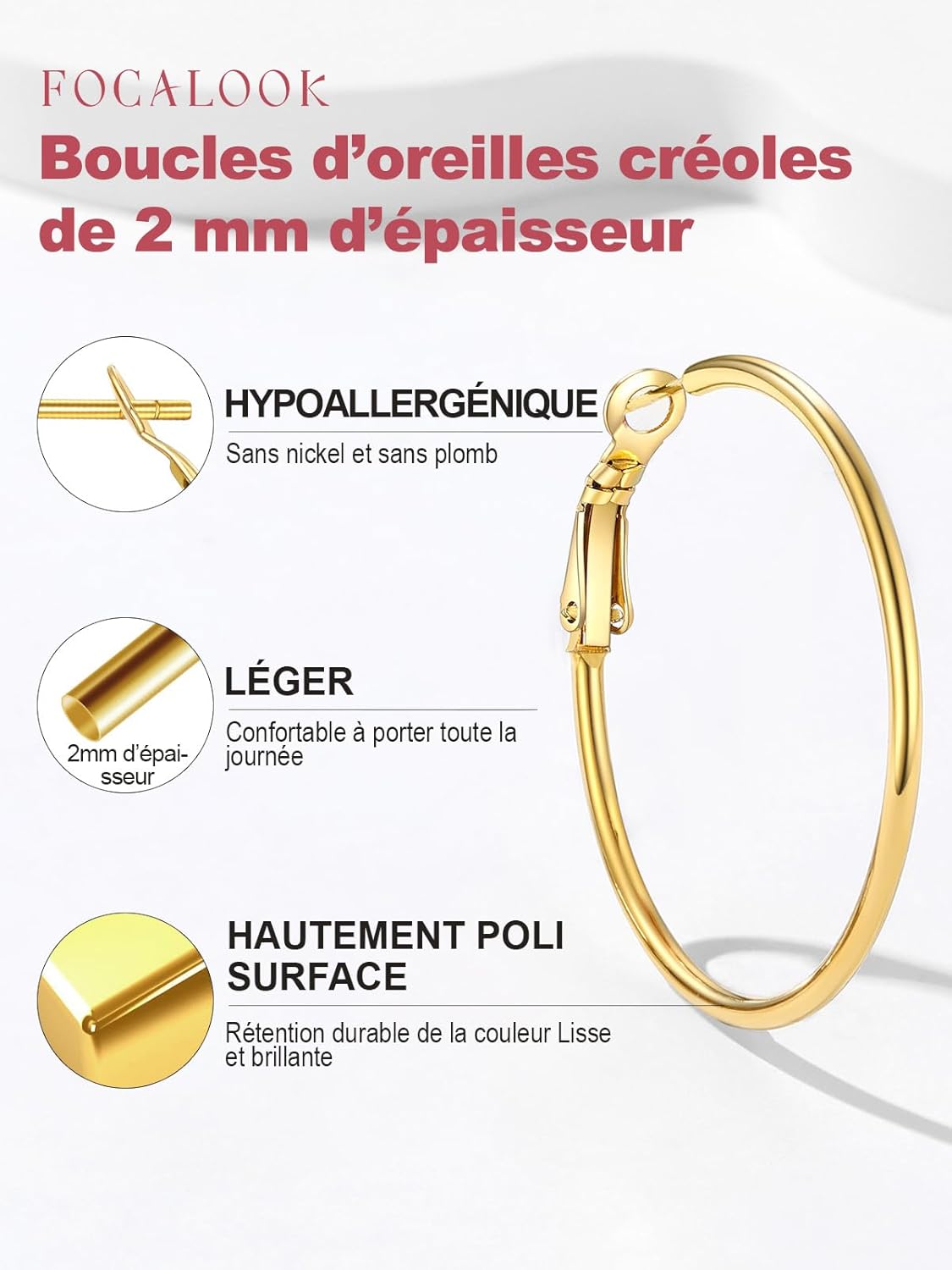 Thumbnail 2 de FOCALOOK Boucles d’oreilles créoles femme en acier inoxydable argent/plaqué or/noir — grands anneaux 30/50/70/100 mm