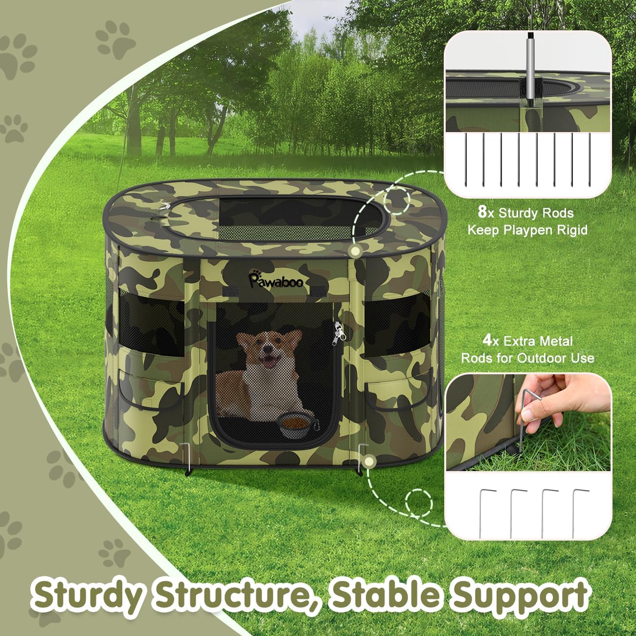 Detalle de Portable Dog Playpen with 600D Oxford Tent Fabric, Waterproof Breathable Gates and Carry Case (Medium/Large), Black Camouflage