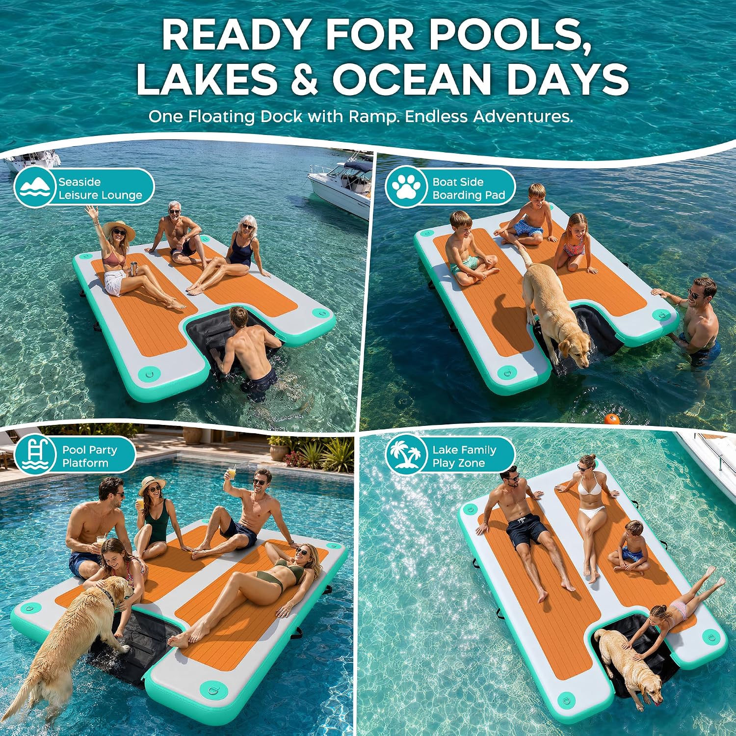Detalle de AWEMUFA Inflatable Floating Dock with Ramp — 8ft x 6ft Large Floating Platform for Lakes, Pools, and Boats