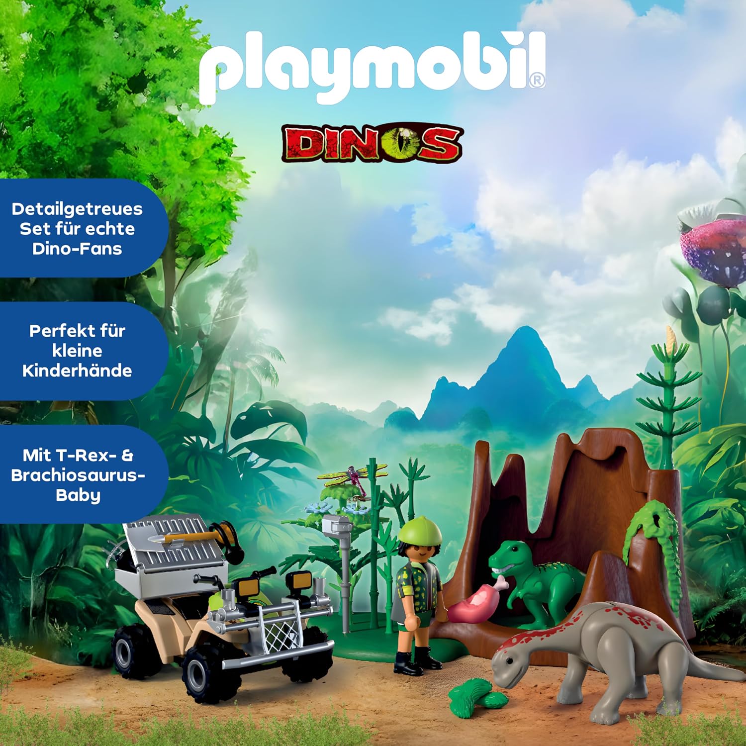 Detalle de PLAYMOBIL Dinos Dinoversteck | Dino-Forscher mit Quad, T-Rex-Baby & Brachiosaurus-Baby | 72069