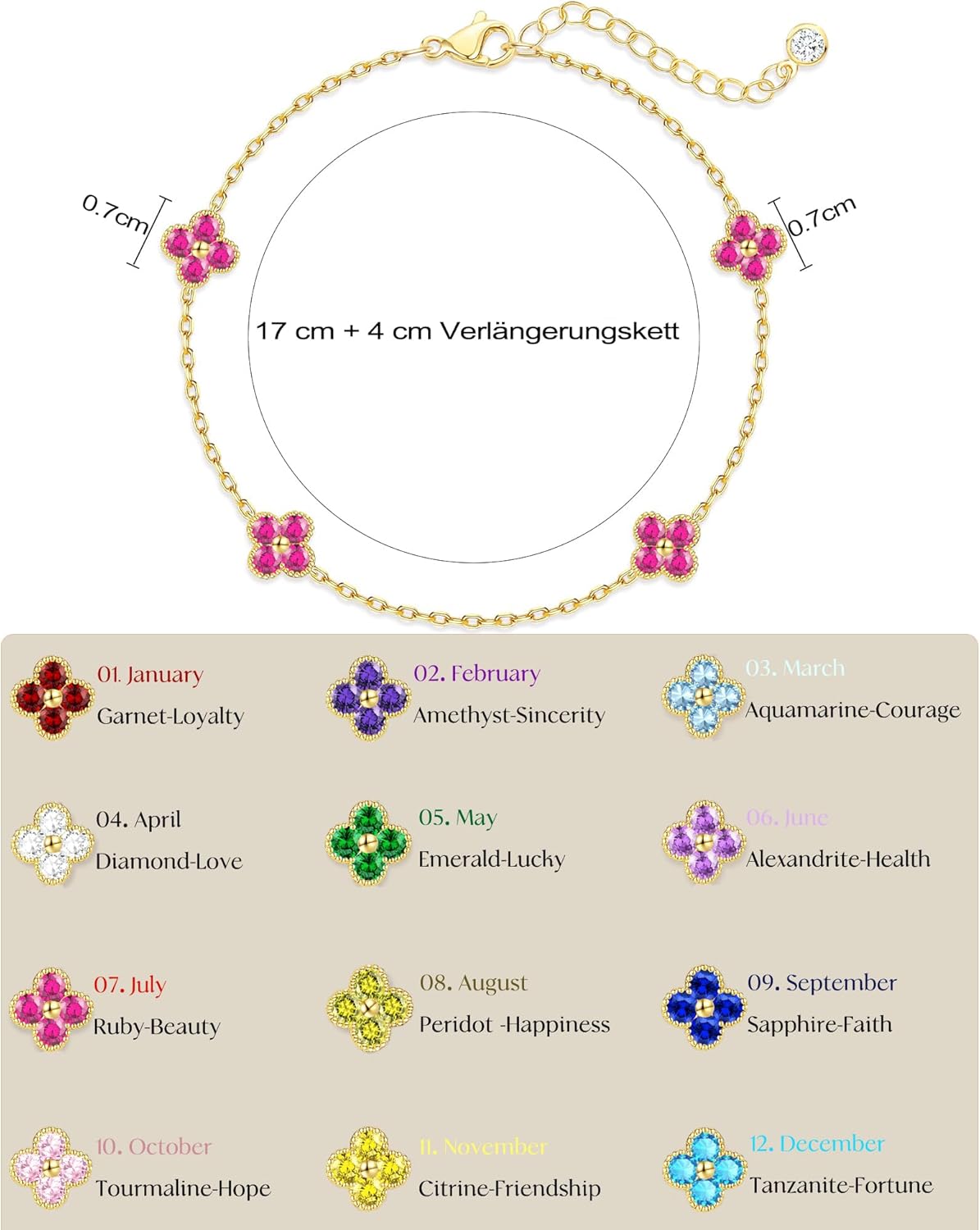 Thumbnail 4 de Bracelet femme ZHESHY or — trèfle à 4 feuilles et pierre de naissance (zircon cubique), réglable