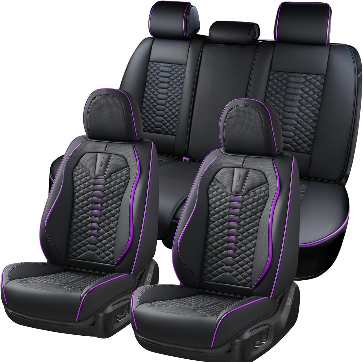 Detalle de Coverado Leather Car Seat Covers Full Set for 5 Seats in Black & Purple
