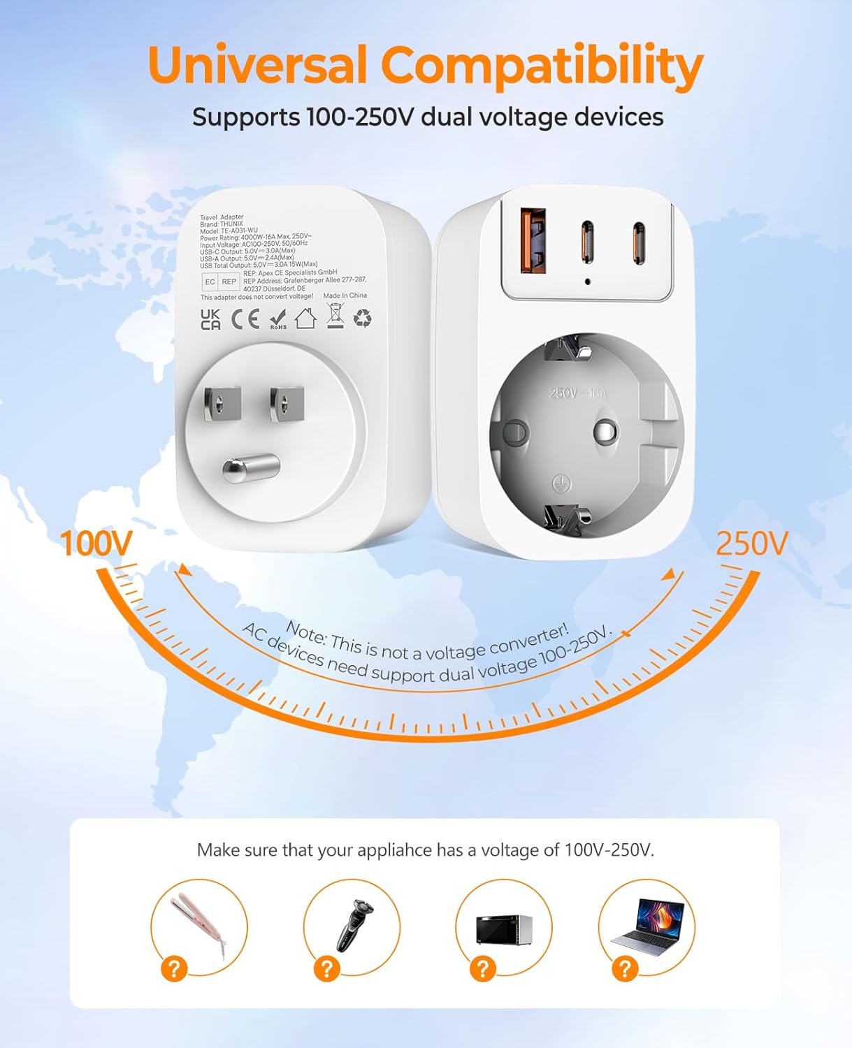 Thumbnail 5 de Adaptateur Prise USA 4 en 1 – USB-C et USB-A, voyage France vers USA/Canada avec protection et charge rapide