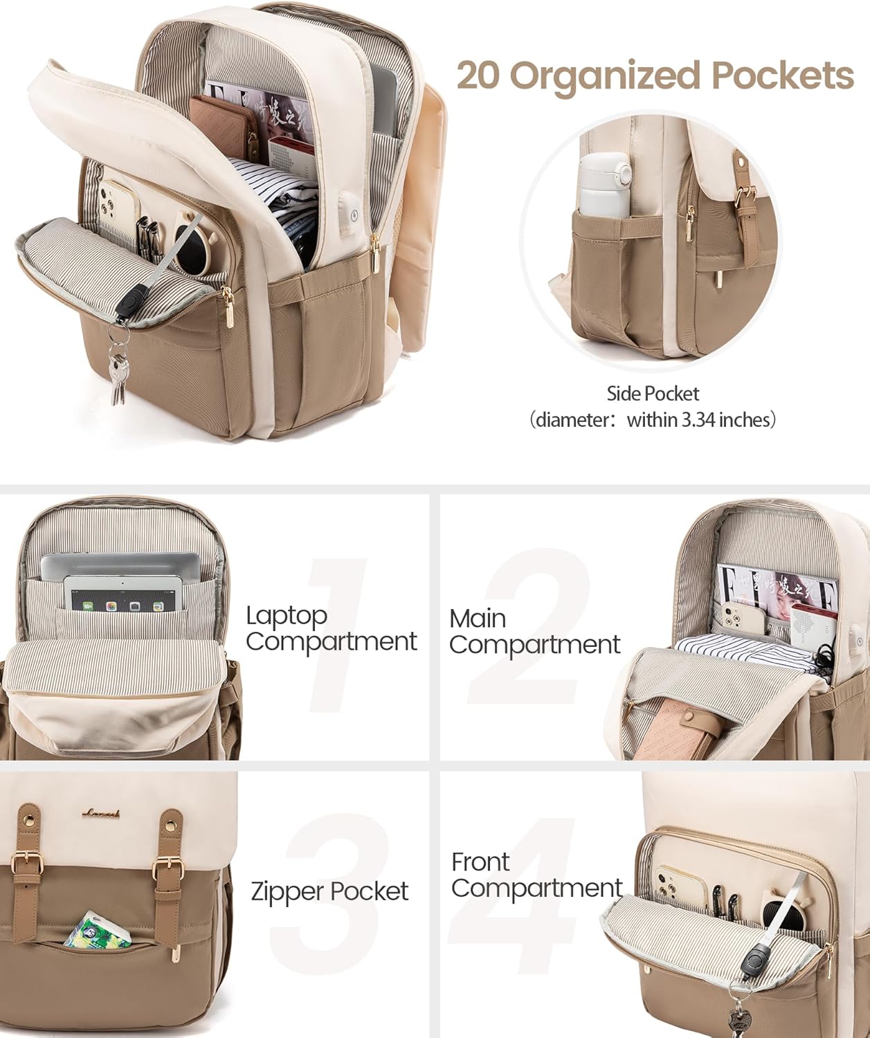 Detalle de LOVEVOOK Zaino Porta PC Donna 15,6" Impermeabile: design classico, sicurezza antifurto e porta USB