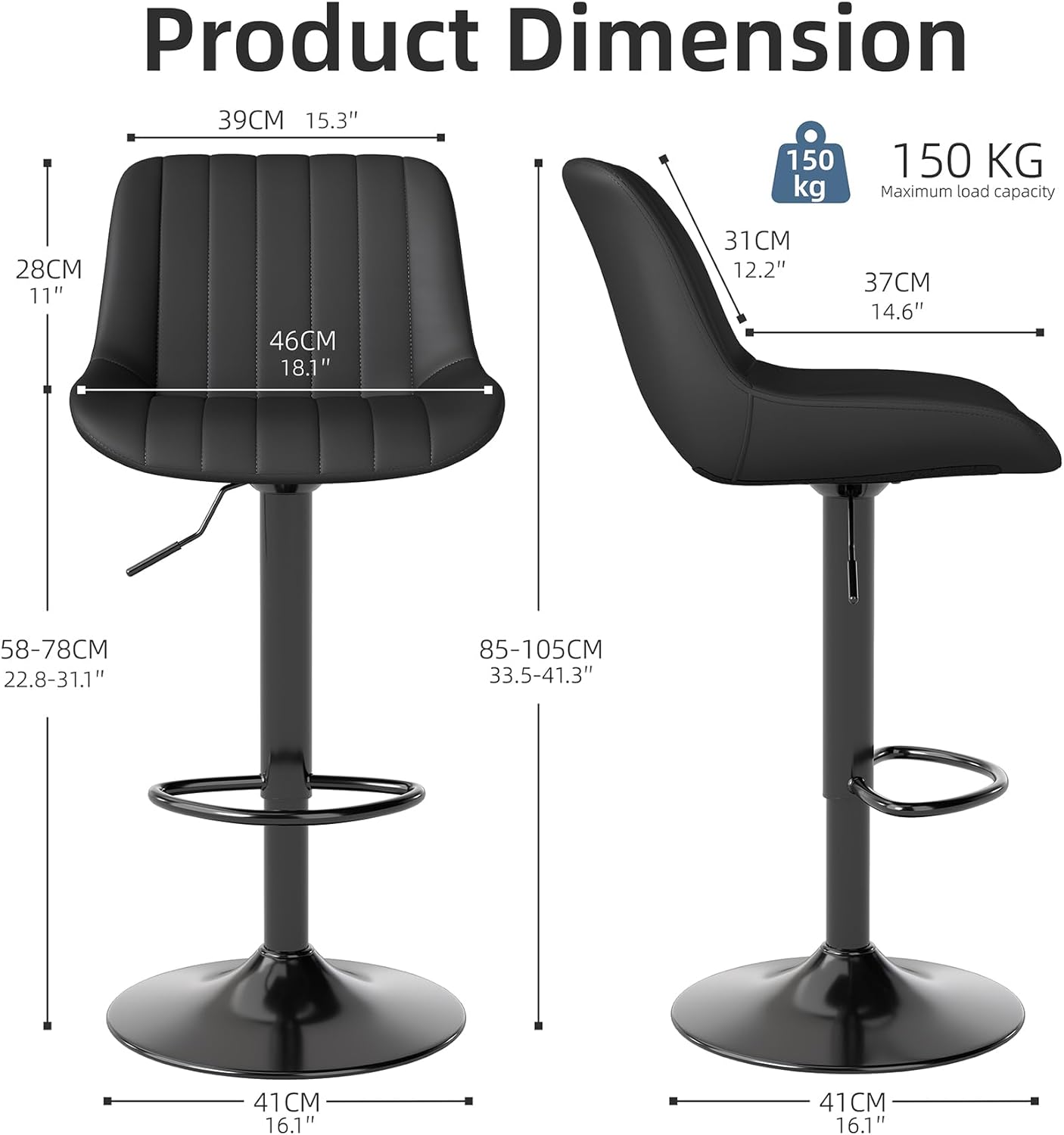 Detalle de Youhauchair Bar Stools Set of 4 – Swivel Counter Height Stools with Back, Adjustable PU Leather, Black