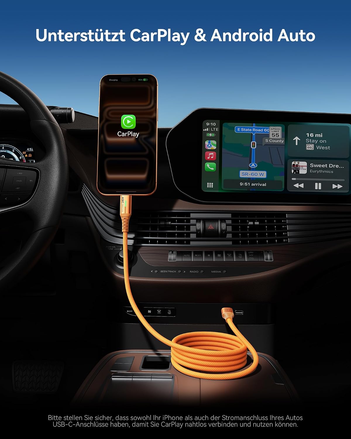 Thumbnail 5 de INIU 240W USB‑C auf USB‑C Kabel (2er-Set, Orange, 2 m) mit PD zum Schnellladen
