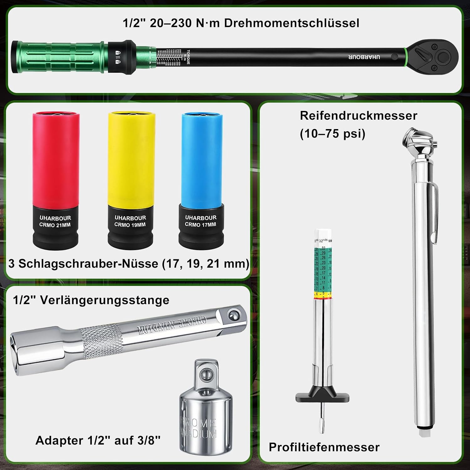Detalle de Uharbour TW038 momentnyckelset 1/2 tum, 20–230 Nm, 8 delar