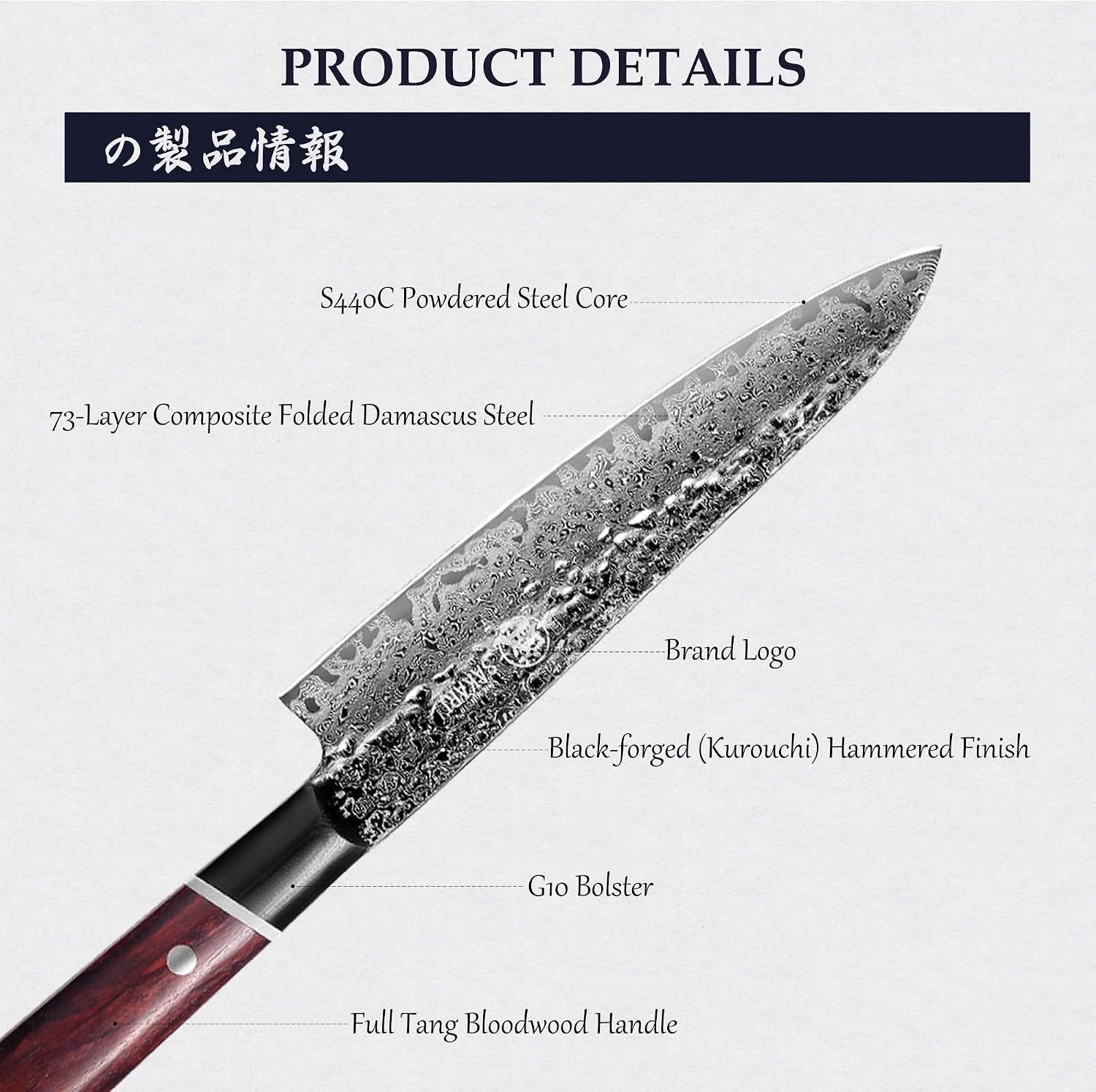 Detalle 1 de MITSUMOTO SAKARI MS-1881-N-IT Gyuto-koksmes, 20 cm, damaststaal met 73 lagen