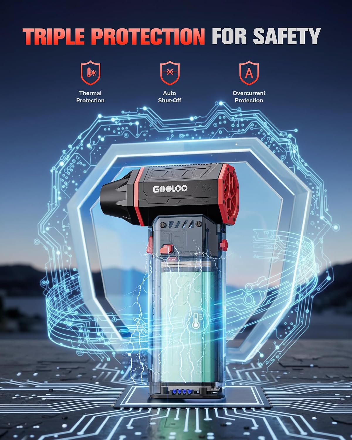Detalle de GOOLOO F5S Compressed Air Duster – 180000RPM Cordless with 4 Nozzles and 6000mAh Battery