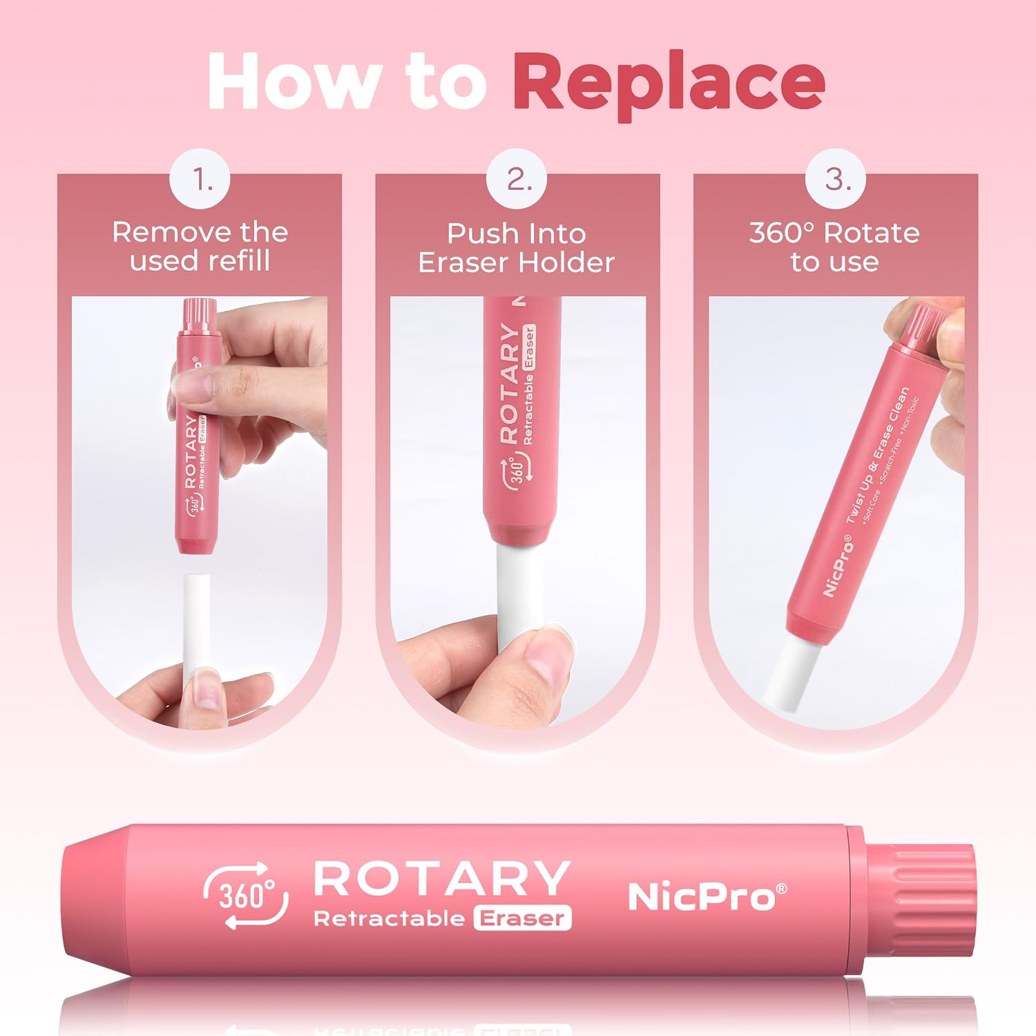 Thumbnail 5 de Nicpro Rotary Retractable Eraser Pen, Pink TPE with 5 Refills