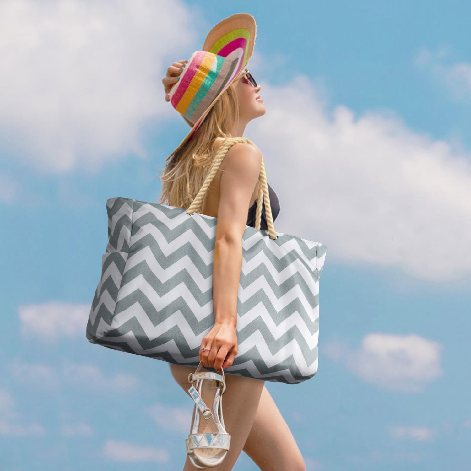 Detalle de oscaurt Strandtasche XXL Familie Shopper Tasche wasserdicht mit Reißverschluss