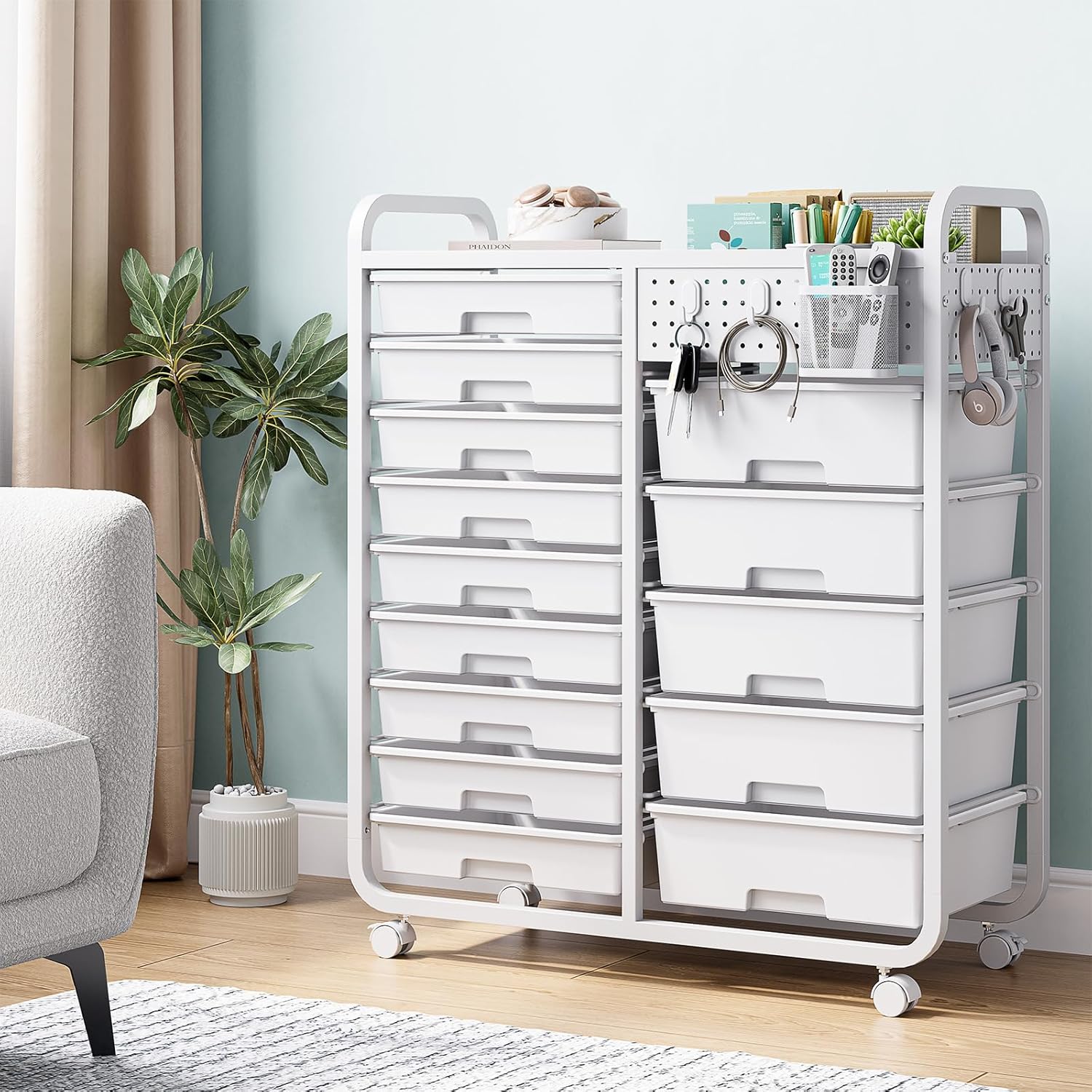 Thumbnail 5 de 14-Drawer Storage Craft Organiser Trolley Cart with DIY Pegboard, Hanging Basket & 4 Hooks (White)