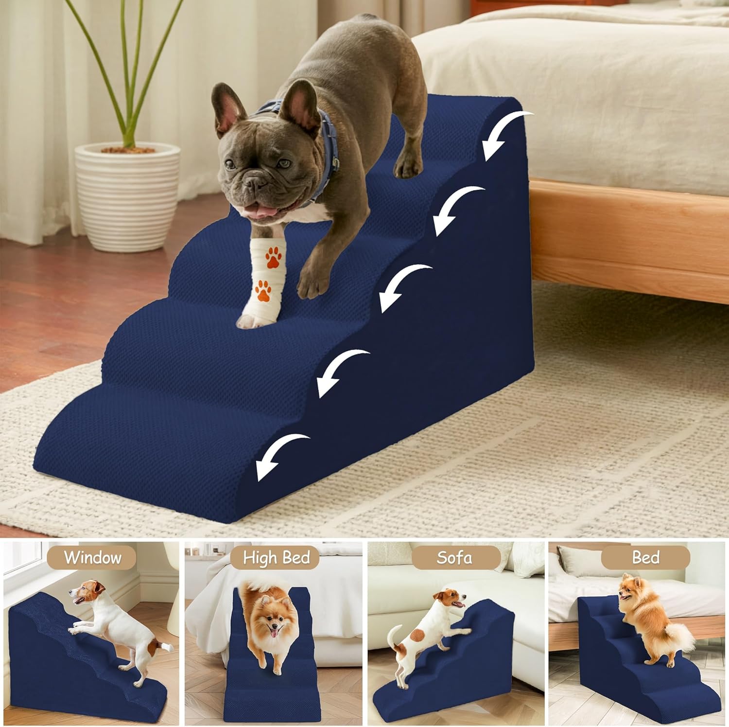 Detalle de Niubya Escalier pour Chien et Chat 62 cm – 5 marches bleue marine, mousse haute densité et housse lavable