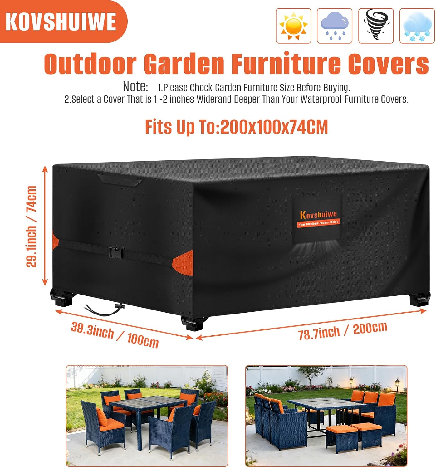 Thumbnail 1 de Kovshuiwe Garden Furniture Cover 200 x 100 x 74 cm (420D) – waterproof, windproof and UV-resistant