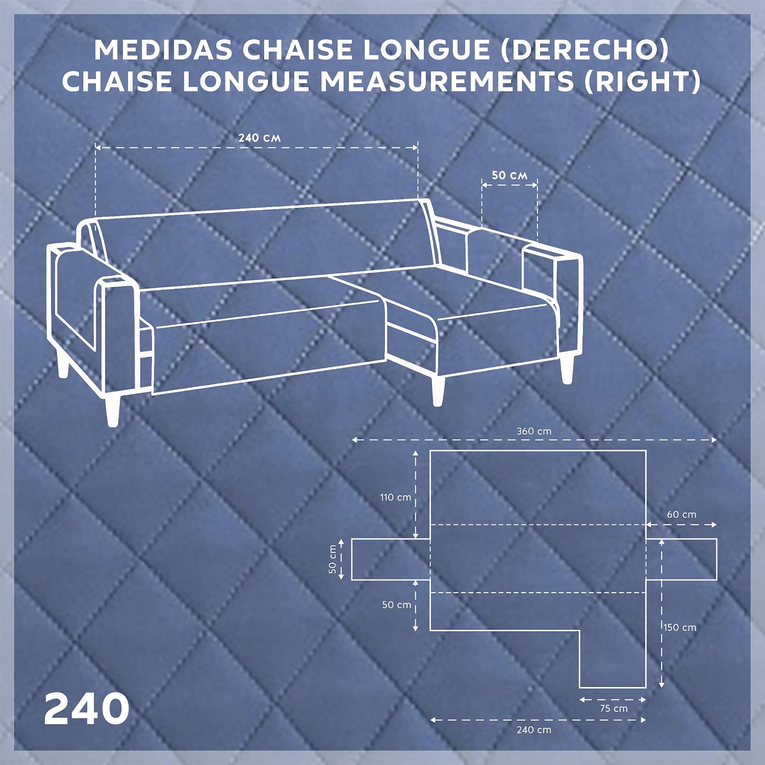 Detalle de Copridivano chaise longue 240 cm Malu blu