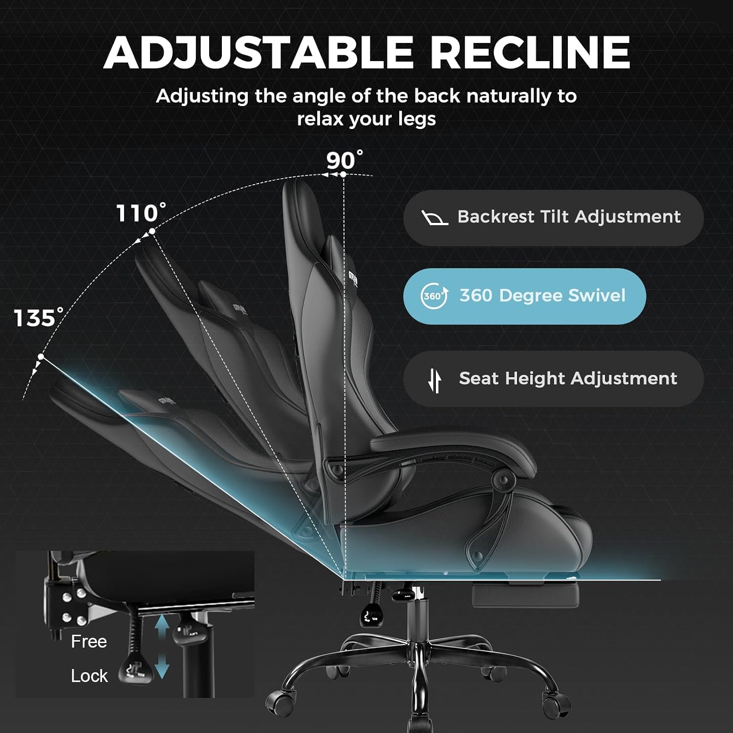 Thumbnail 6 de GTPLAYER Gaming Chair with Footrest, Lumbar Support, Headrest, and Height Adjustment (Black Faux Leather)