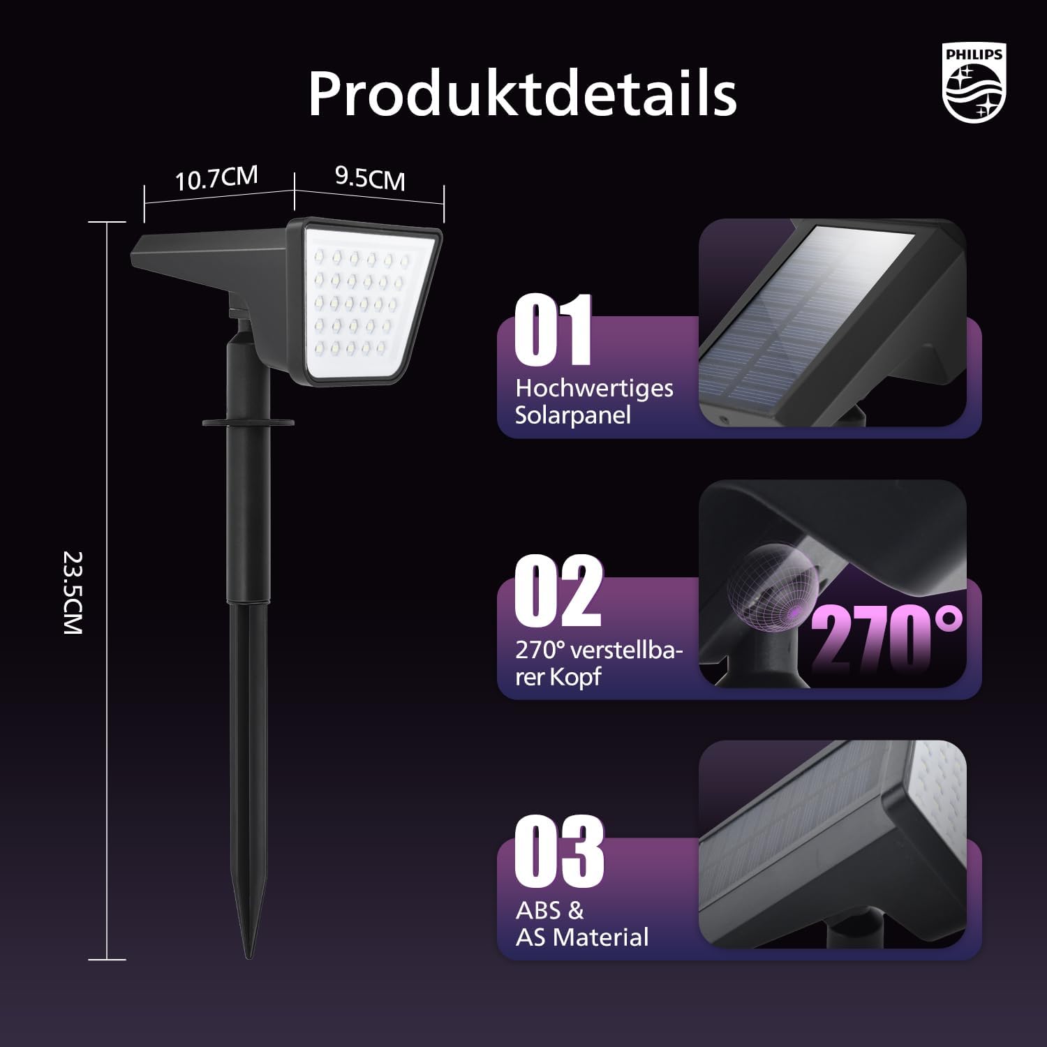 Detalle 2 de Philips 4er-Set Solarstrahler für Außen – 18 LEDs RGBW, Dämmerung bis Morgendämmerung, wasserdicht, 9 Beleuchtungsmodi