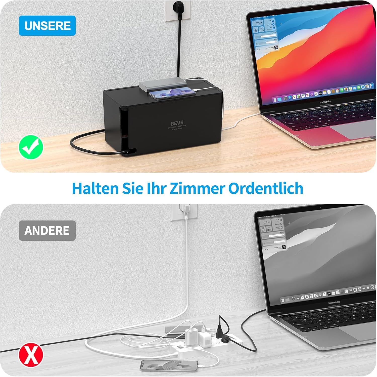 Thumbnail 4 de Kabelbox mit versteckter Steckdosenleiste 3680W/16A + 1050J Überspannungsschutz, 2m Kabel, 6 Steckdosen + 3 USB-A + 1 USB-C (15W) – BEVA