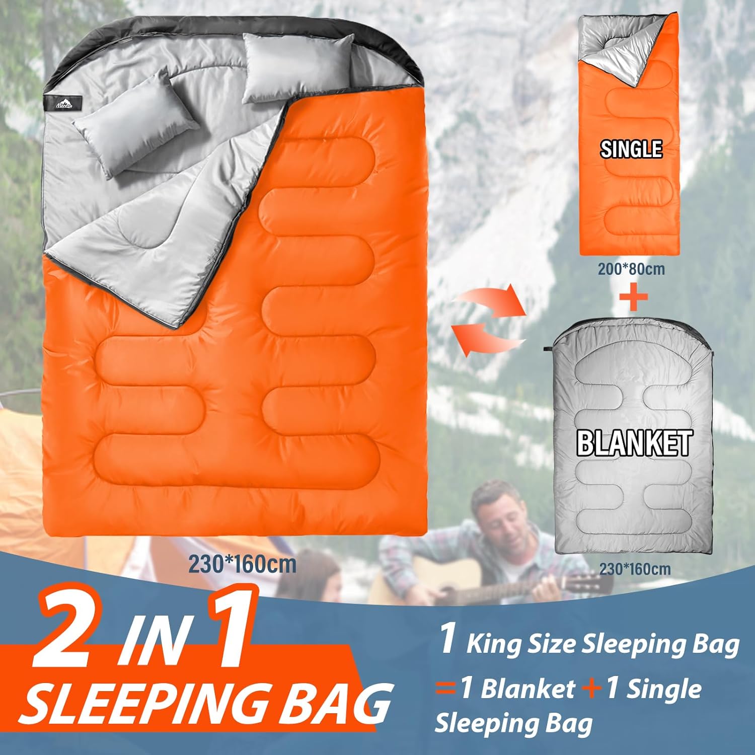 Detalle de MEREZA Double Sleeping Bag for Adults – XL Two‑Person, All‑Season with Pillow