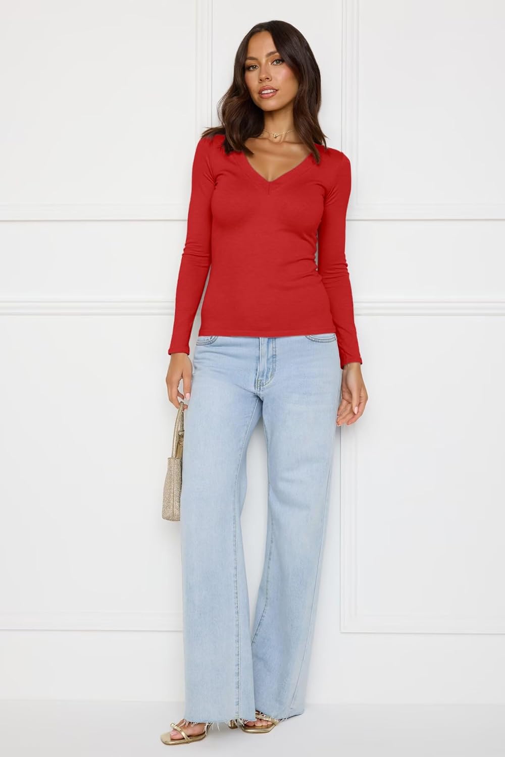 Thumbnail 6 de VICHYIE Damen V-Ausschnitt Langarm Shirt – schlanker Schnitt, pflegeleicht und vielseitig