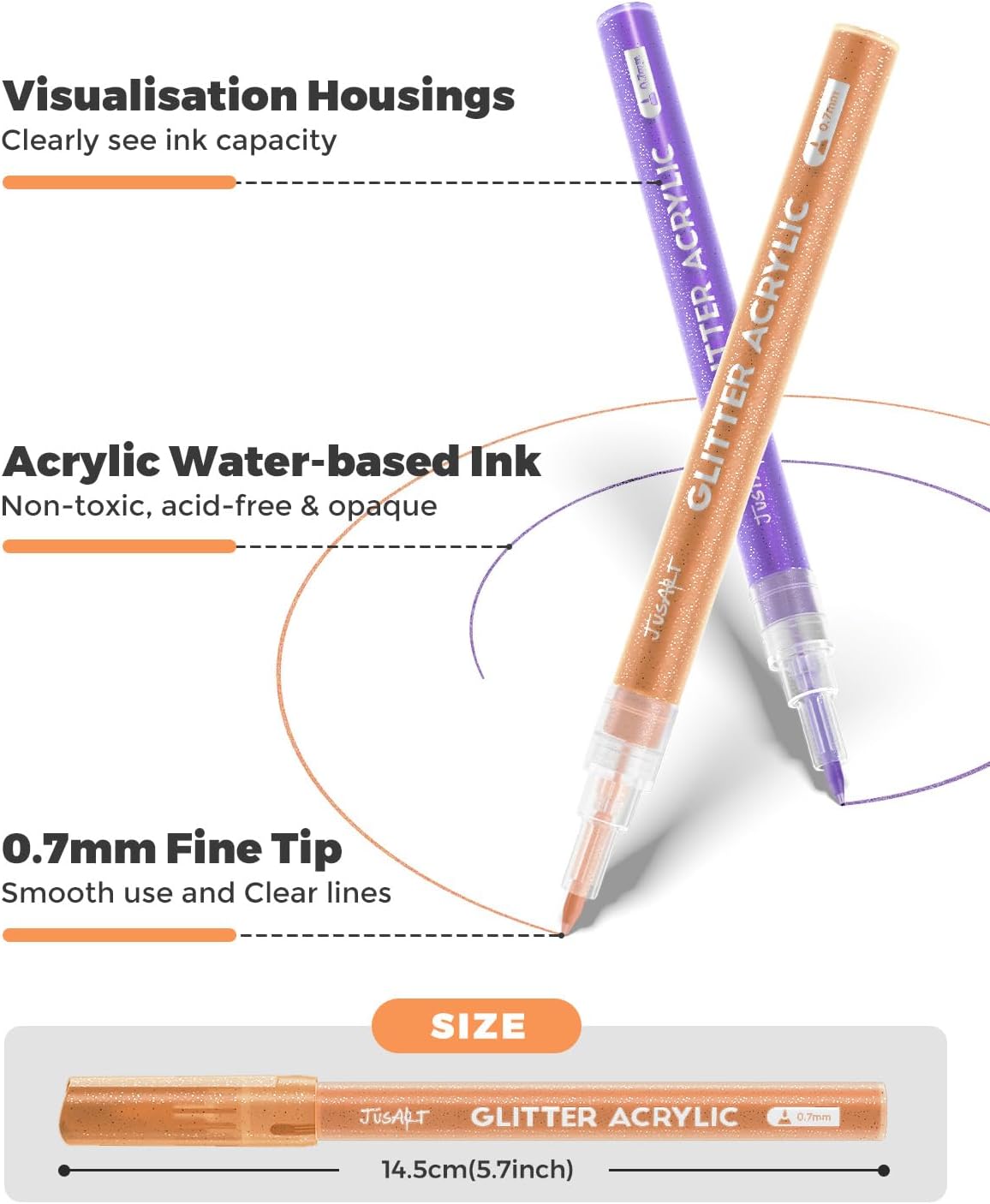 Detalle de JusArt 16-Colour Acrylic Glitter Markers (0.7mm Fine Tip) – Metallic Shimmer Pens for DIY, Cards & Scrapbooking