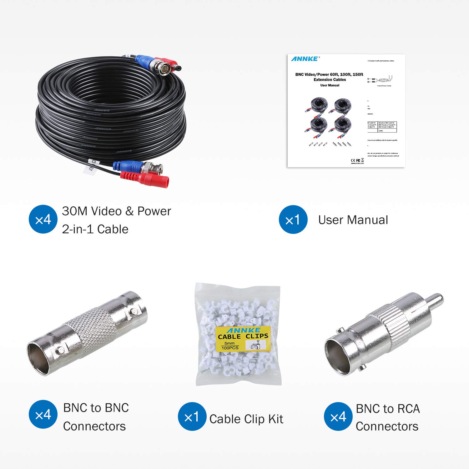 Detalle de ANNKE 4 Pack 30M/100ft All-in-One BNC Video Power Cables with 8 BNC Connectors & Cable Clips