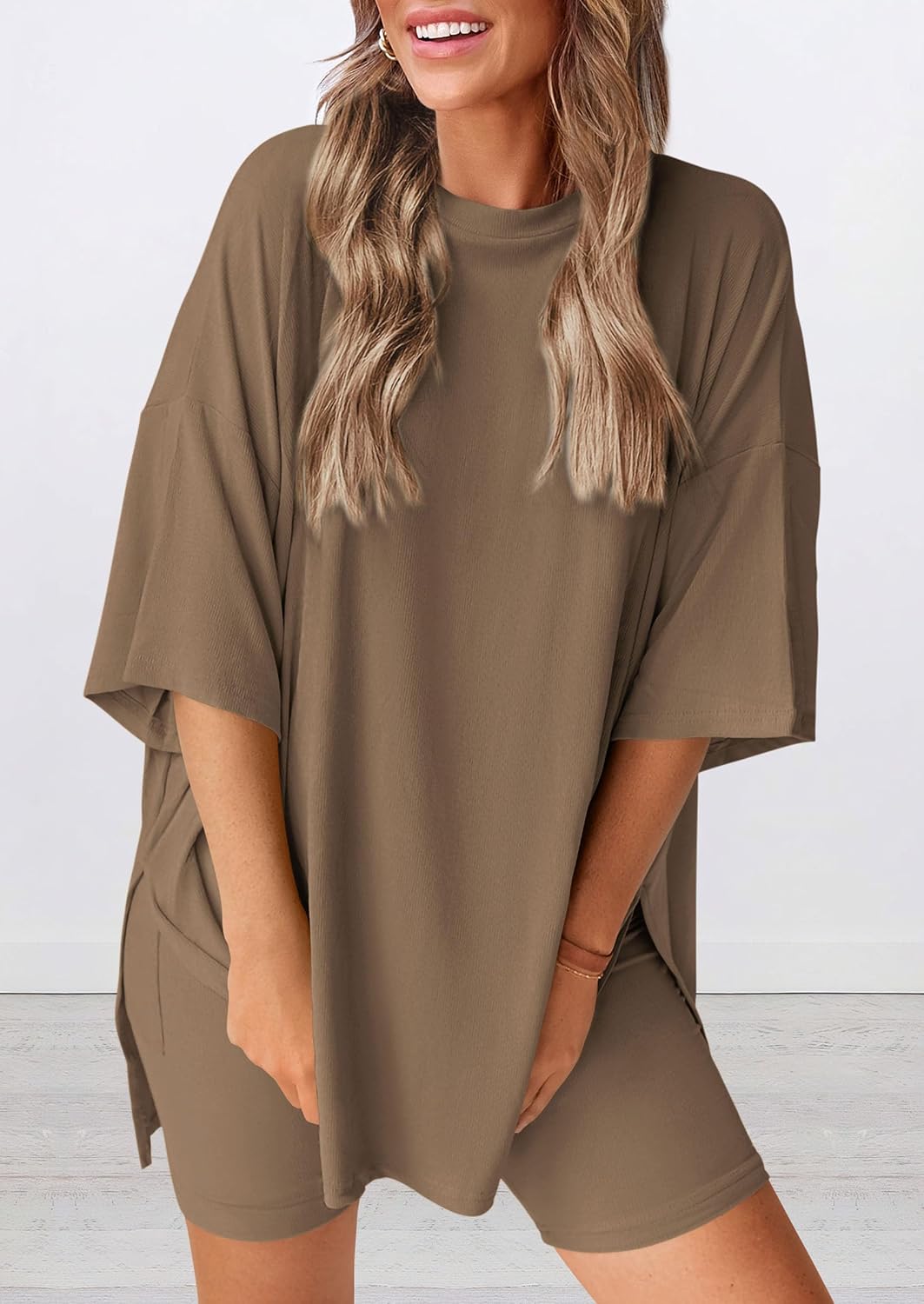 Detalle de Prettygarden Two-Piece Women's Summer Set: Loose Tee + High-W waist Biker Shorts
