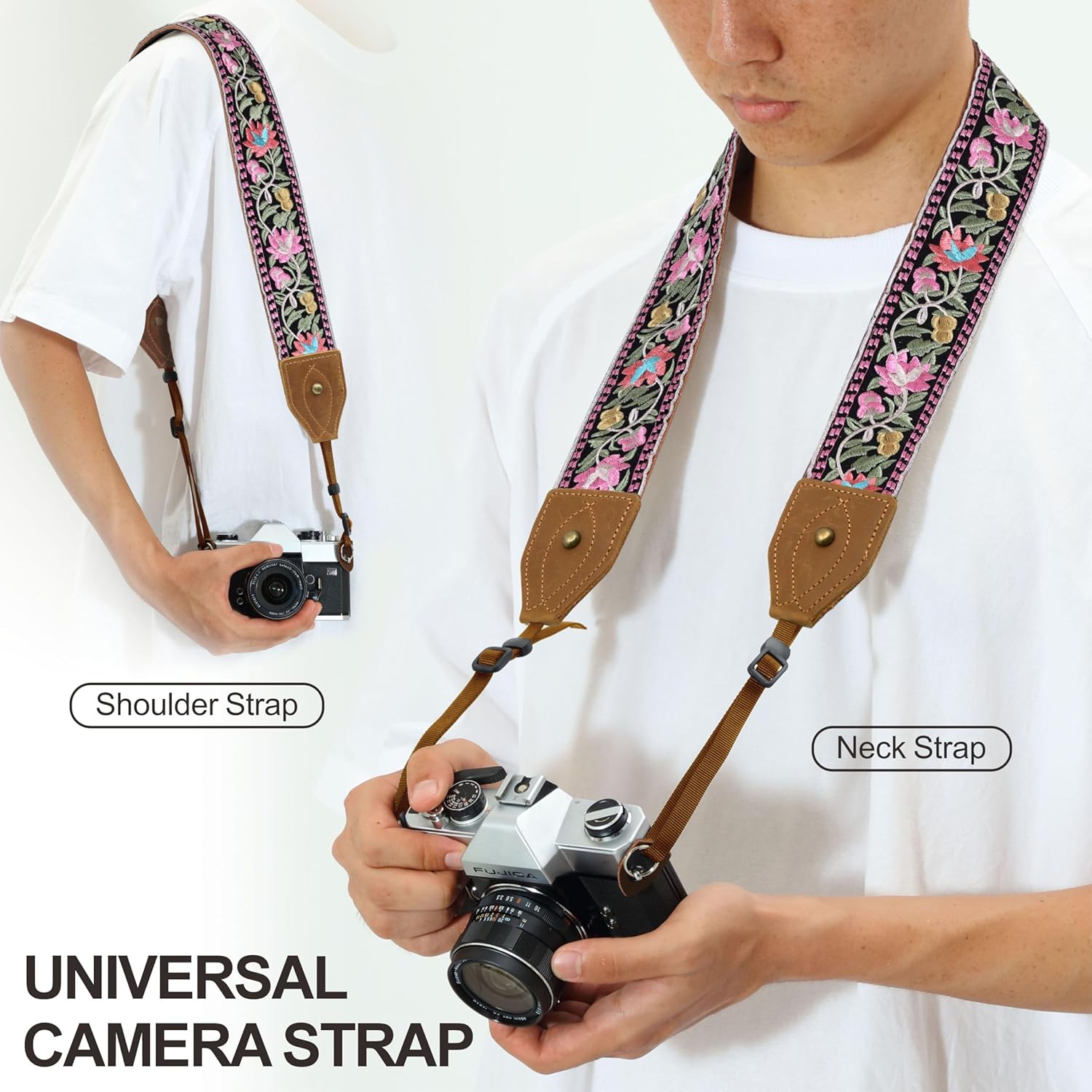 Detalle 2 de Padwa Lifestyle Embroidered Flower Camera Strap – 2" Wide, Vintage Cowhide, Comfortable and Universal