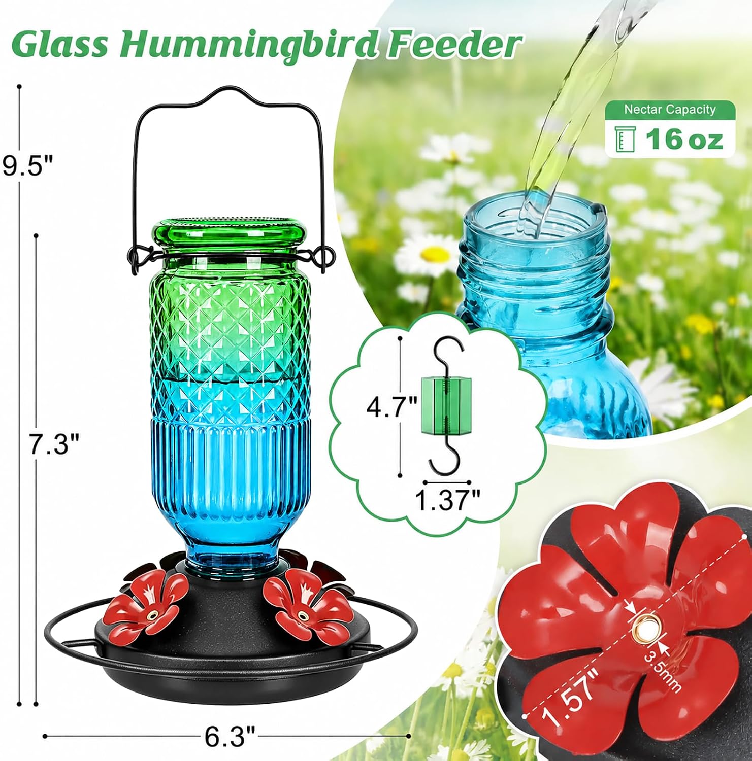 Thumbnail 6 de FEED GARDEN Glass Hummingbird Feeder, 16 oz