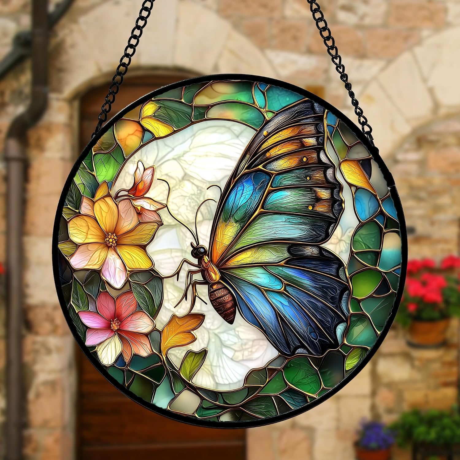 Detalle 2 de DASTOLL Green Butterfly Flower Stained Glass Window Hanging Suncatcher, 7.8-Inch
