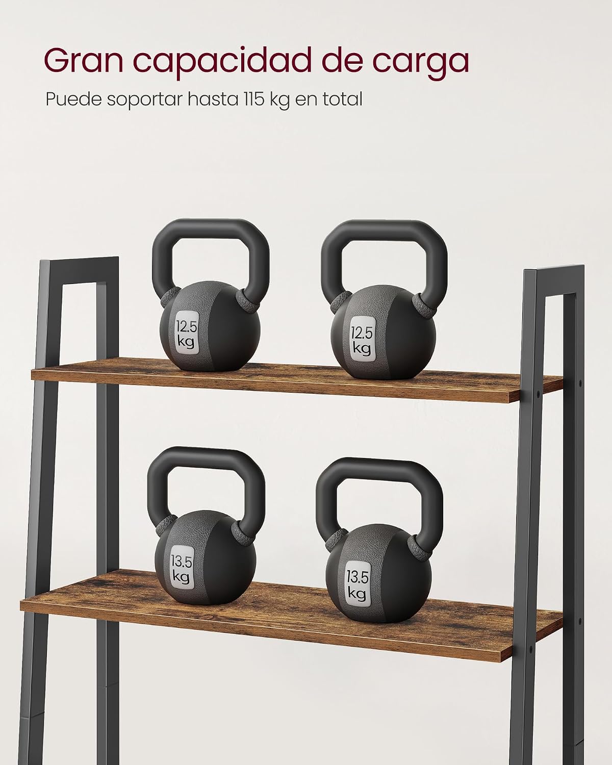 Detalle de VASAGLE Ladder Shelf 4-Tier Bookshelf (LLS144B01) – Rustic Brown & Black, Steel Frame