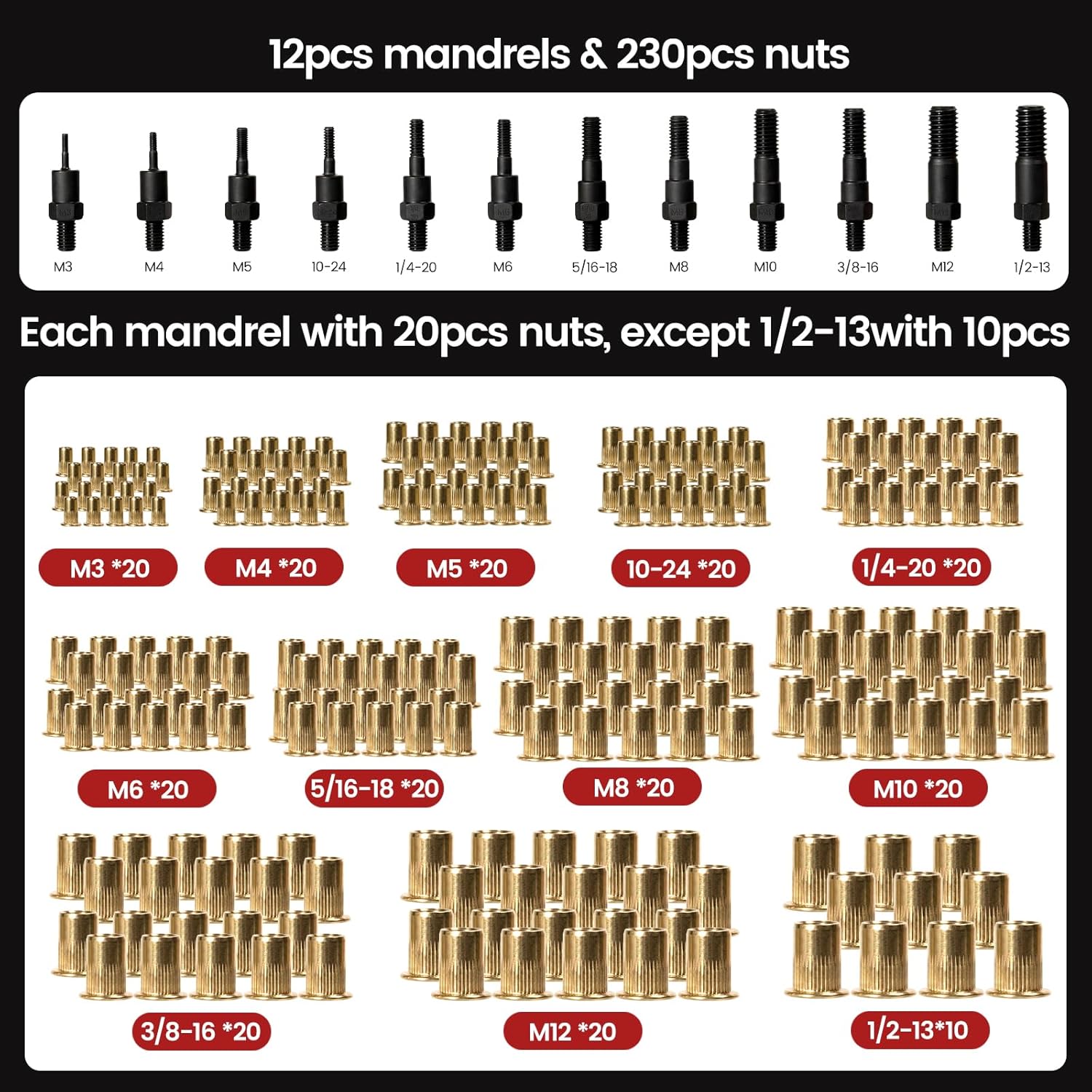 Thumbnail 1 de WOBANK 16-Inch Rivet Nut Tool Kit with 12 Mandrels and 230 Nuts