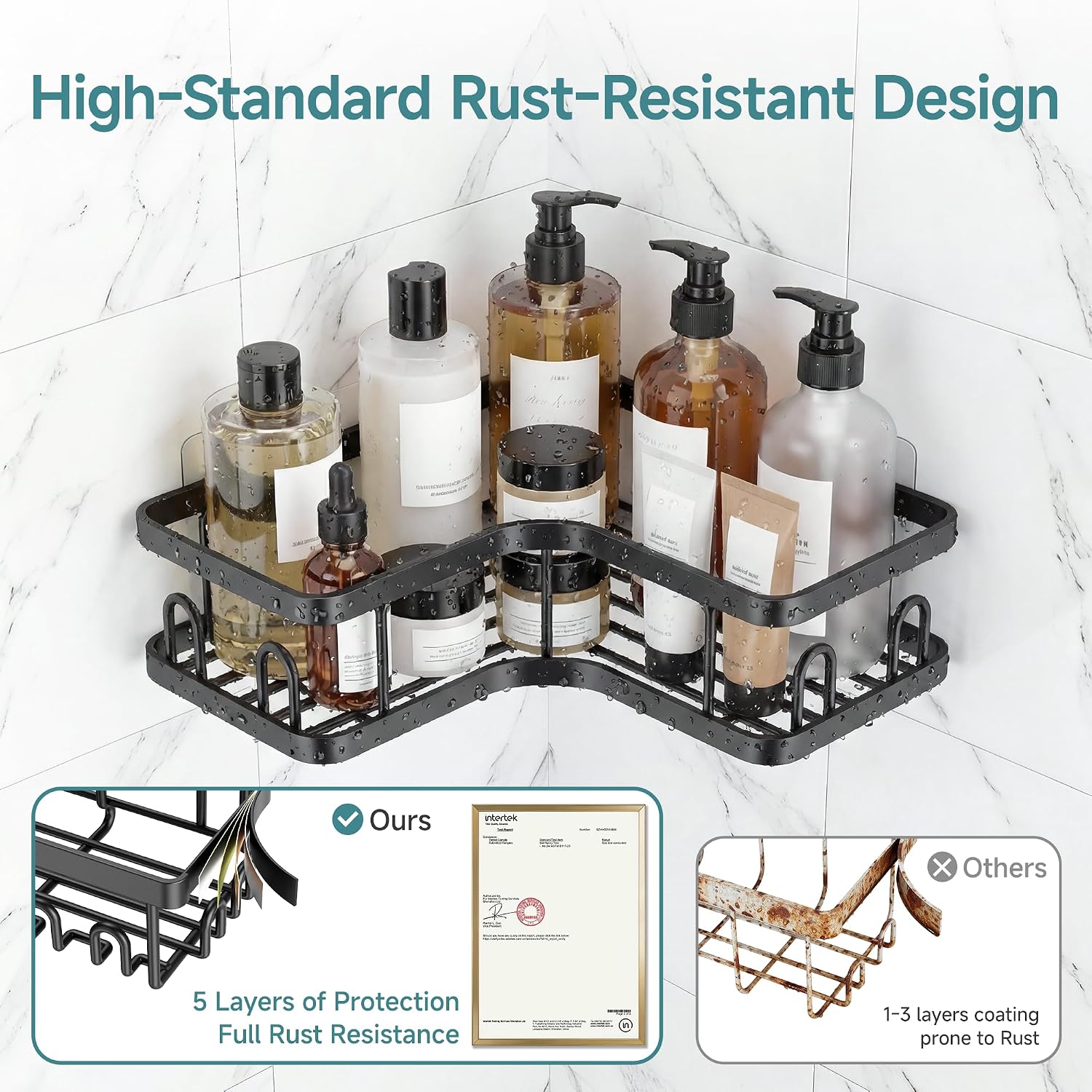 Detalle de Veken Large-Capacity Corner Shower Caddy 6-Pack, Black, No-Drill Adhesive