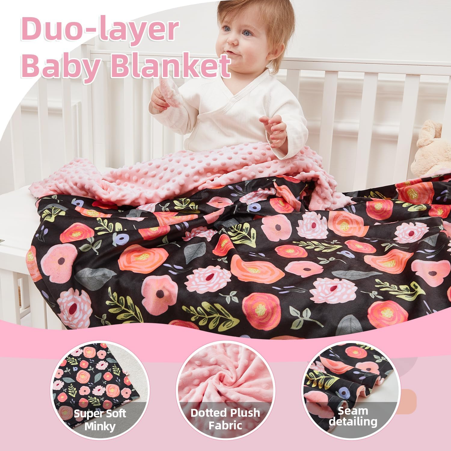 Thumbnail 2 de JORNH Super Soft Baby Cot Blanket for Newborns (75 x 100cm) with Dotted Fleece Backing