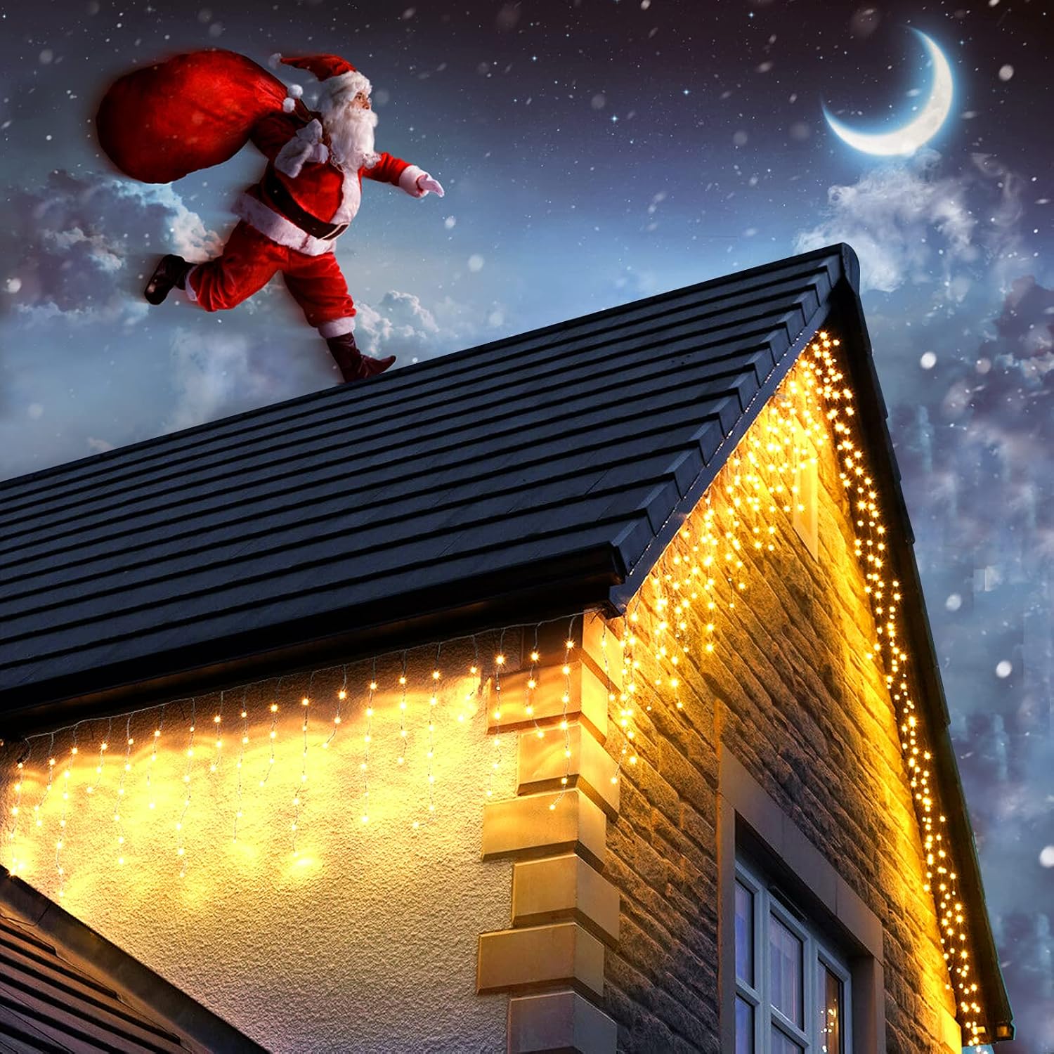 Detalle de Dalugo Icicle Outdoor Christmas Lights (15m + 10m, 480 warm white LEDs) with memory timer