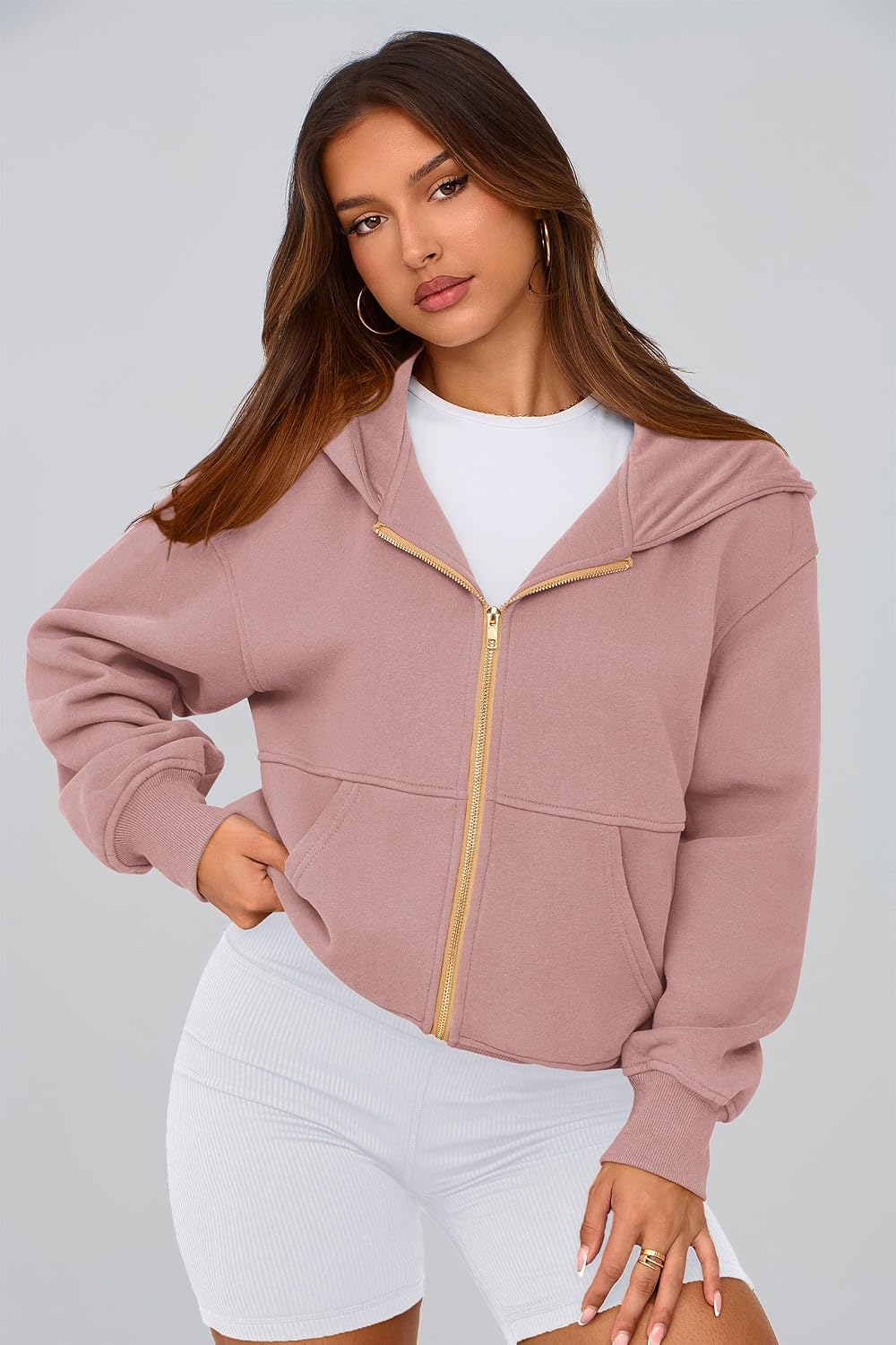 Detalle de PRETTYGARDEN Zip-Up Hoodies for Women — Soft Fleece-Lined, Front-Pocket Long Sleeve Jacket