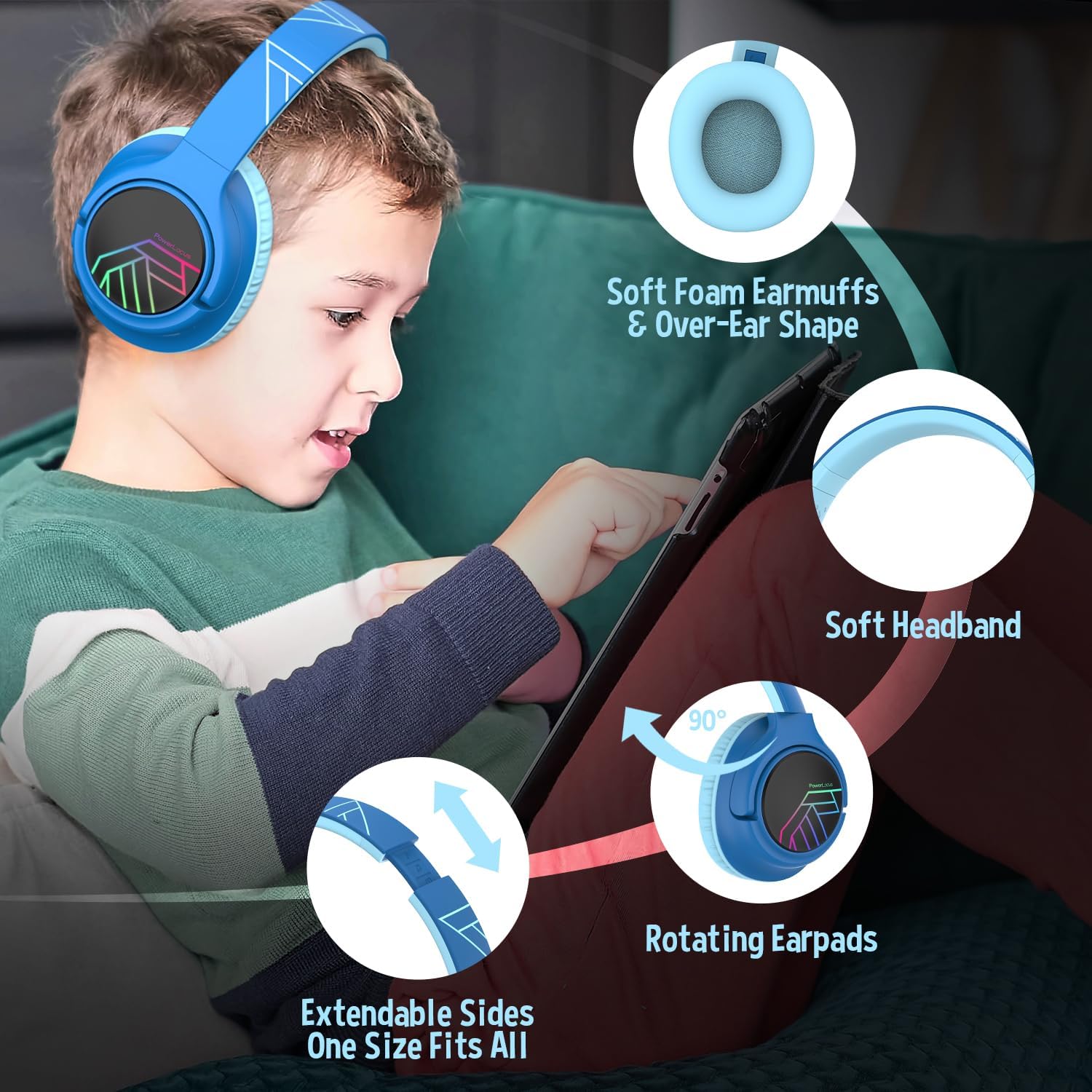 Thumbnail 4 de PowerLocus Cuffie Bluetooth per Bambini e Ragazzi – Over Ear Pieprägabili con Volume Limitato e LED