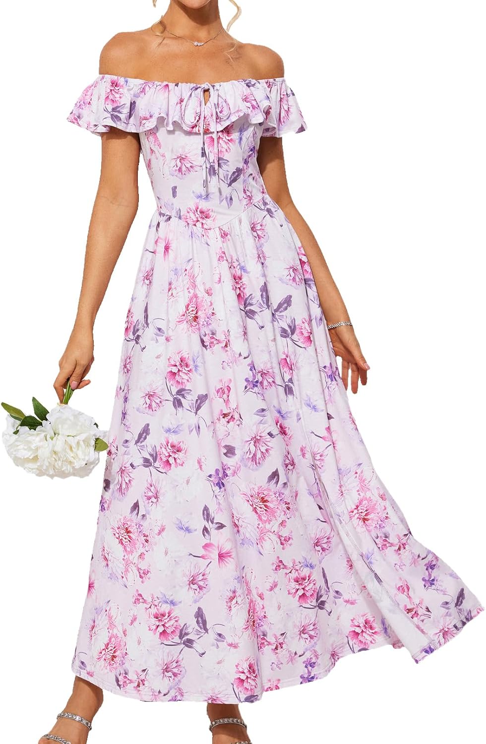 Detalle de Grace Karin Robe Longue Femme Épaules Dénudées – Imprimé Floral Bleu Blanc